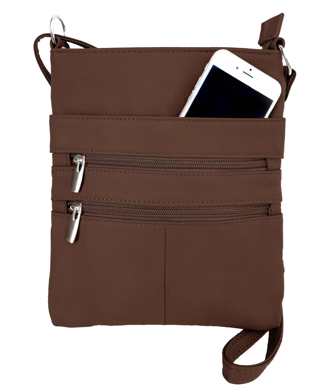 The Large cowhide leather crossbody shoulder bag by Roma Leathers, Inc. features two zippered pockets, an external pocket with a white smartphone, and an adjustable shoulder strap.