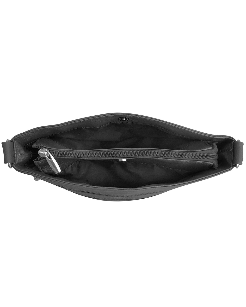 Top view of the Roma Leathers, Inc. Cowhide leather crossbody, featuring zippered inner pockets, empty interior with fabric lining, and an adjustable shoulder strap.