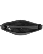 Top view of the Roma Leathers, Inc. Cowhide leather crossbody, featuring zippered inner pockets, empty interior with fabric lining, and an adjustable shoulder strap.