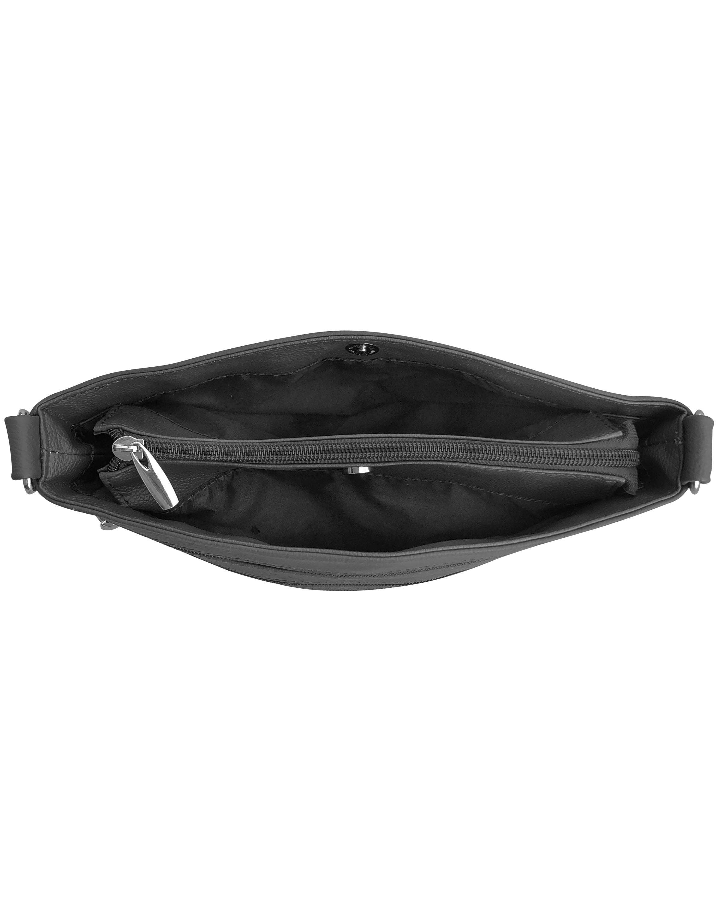 Top view of the Roma Leathers, Inc. Cowhide leather crossbody, featuring zippered inner pockets, empty interior with fabric lining, and an adjustable shoulder strap.