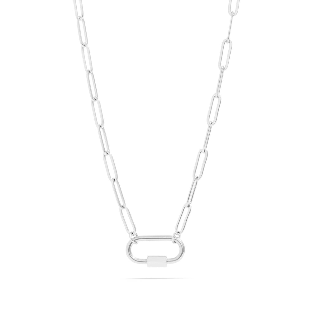Introducing the WJW 18K Gold PVD Paperclip Carabiner Necklace, featuring a sleek paperclip chain with elongated oval links and a rectangular clasp centered at the bottom—perfect as a customizable necklace for showcasing your favorite charms.