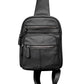 The Roma Leathers, Inc. Cowhide leather sling bag backpack is a black crossbody with three zippered compartments and an adjustable shoulder strap.