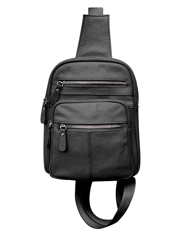 The Roma Leathers, Inc. Cowhide leather sling bag backpack is a black crossbody with three zippered compartments and an adjustable shoulder strap.