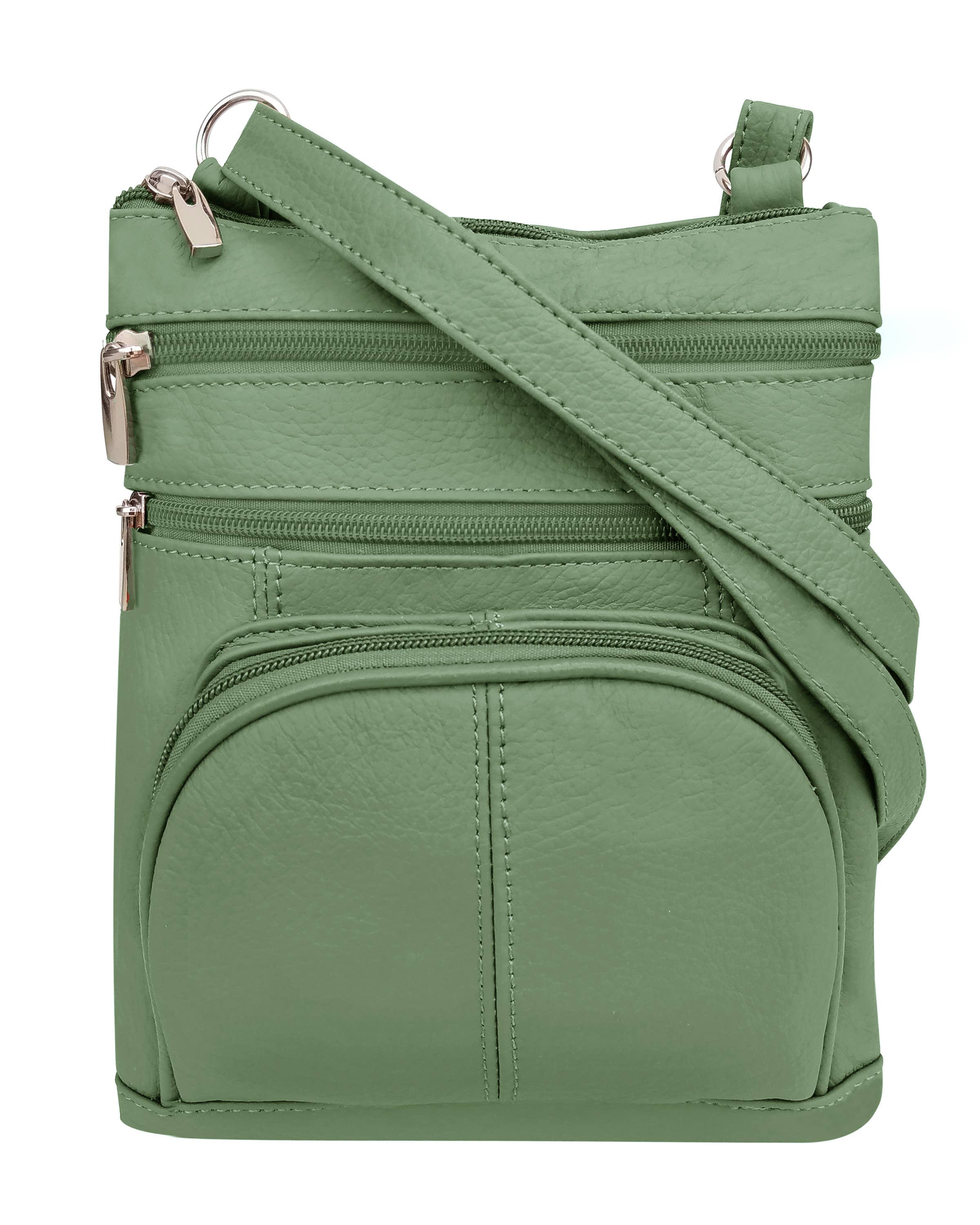 The Roma Leathers, Inc. Cowhide Leather Crossbody with phone pocket on the back is shown against a white background, featuring green leather, an adjustable strap, and multiple zippered compartments.