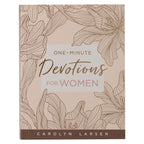 The “One-Minute Devotions for Women Softcover” by Christian Art Gifts features floral line art on a beige cover and provides inspiring devotional thoughts for women on each page.