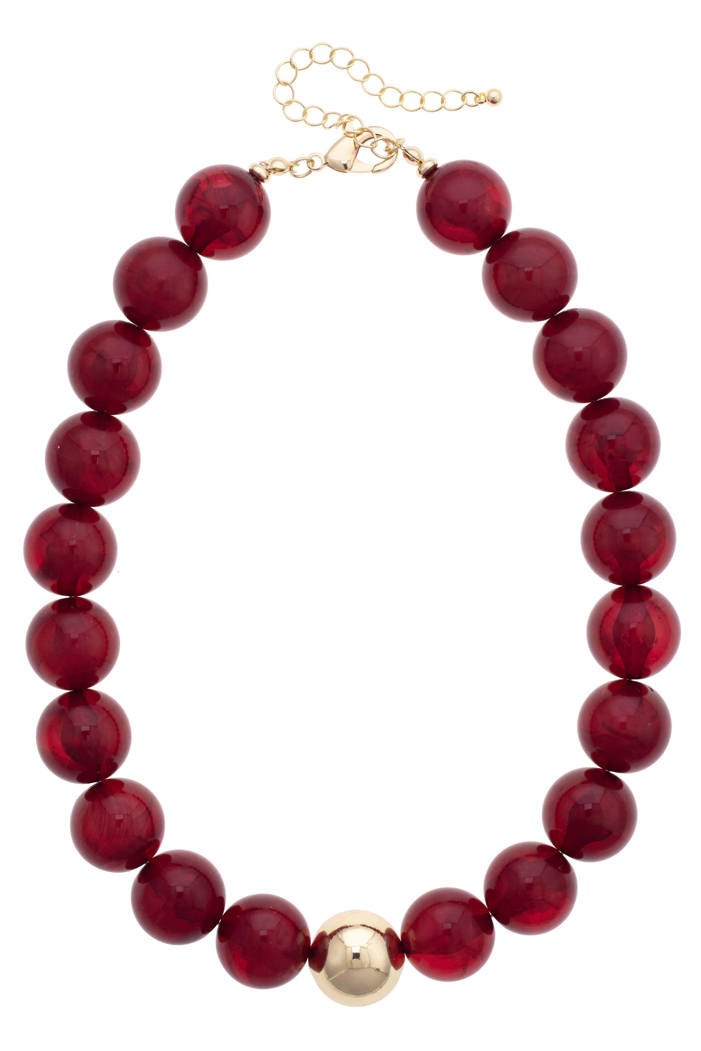 The Marjorie Fall Beaded Necklace by Canvas Style showcases large round red resin beads accented with a single central gold bead, finished with a gold chain and clasp for secure fastening.