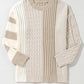 The Shewin Khaki Cable Knit Colorblock Crew Neck Drop Shoulder Sweater features long sleeves with a blend of cable, rib-knit details, and striped patterns.