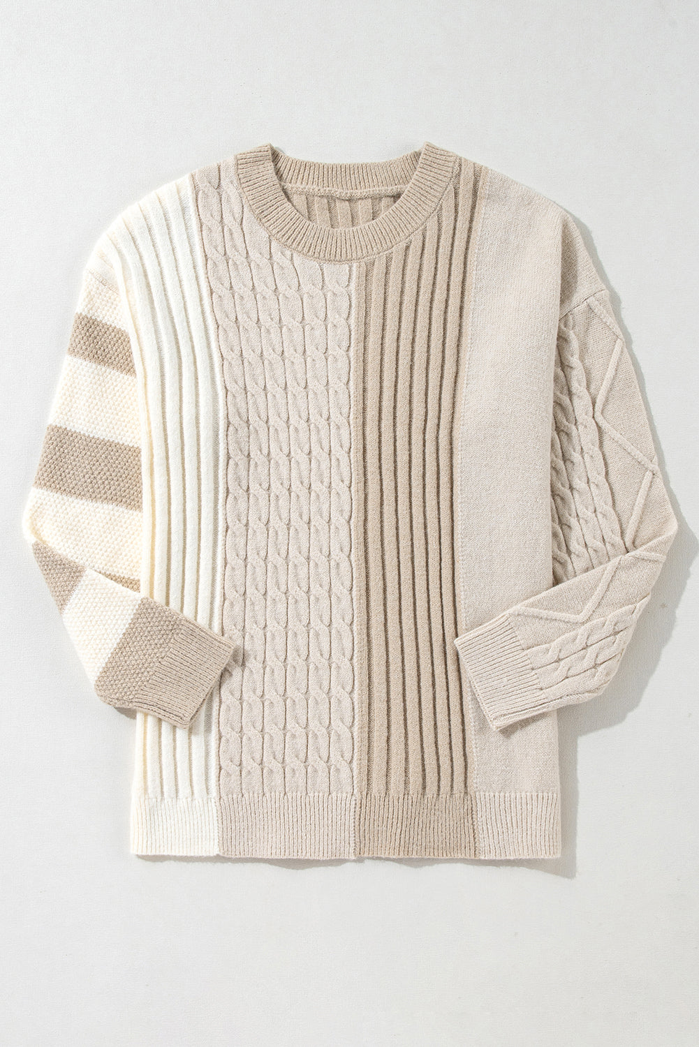 The Shewin Khaki Cable Knit Colorblock Crew Neck Drop Shoulder Sweater features long sleeves with a blend of cable, rib-knit details, and striped patterns.