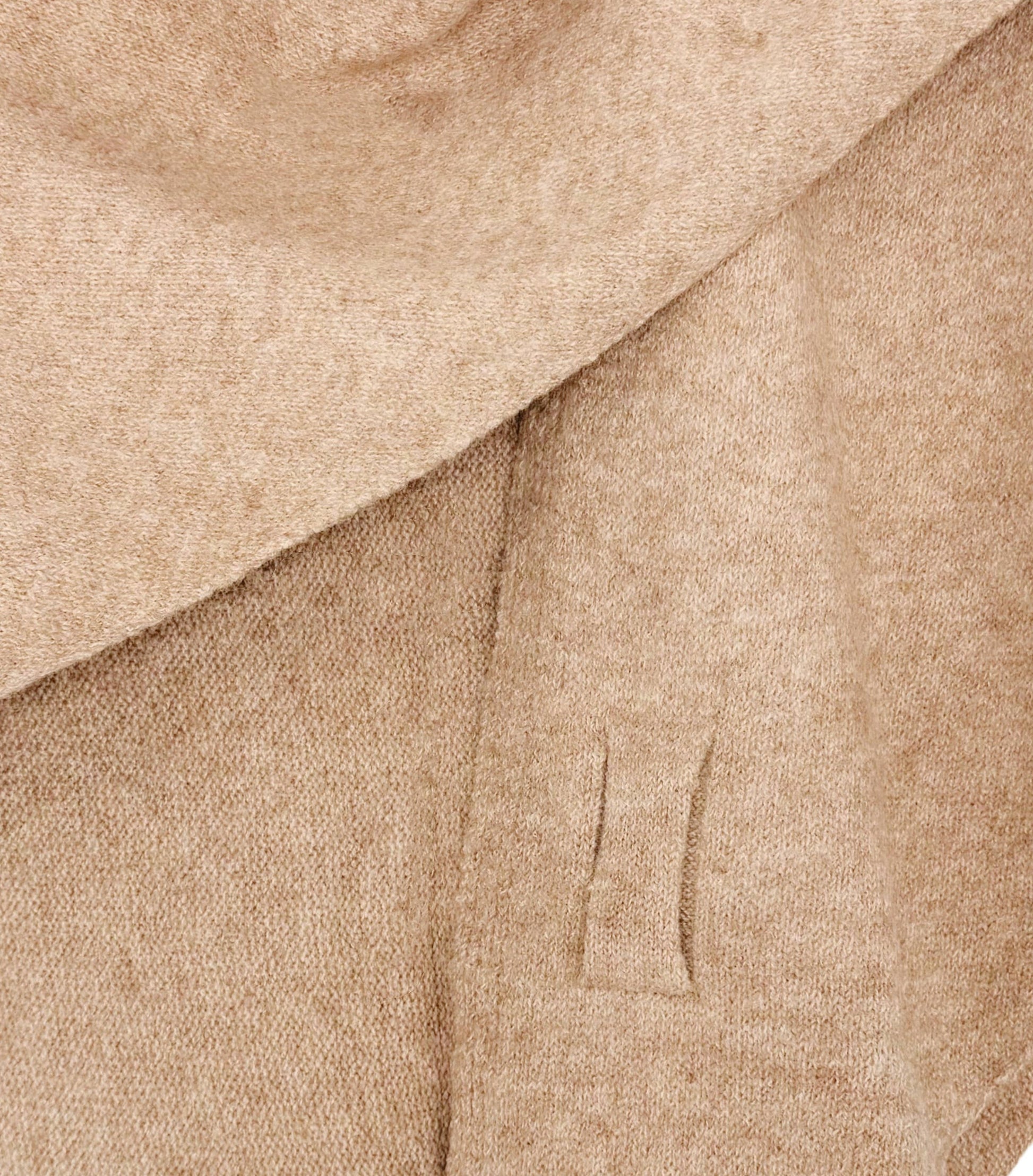 Close-up of a beige wool coat with textured fabric, lapel, and buttonhole detail, styled with the JC Sunny Fashion Cashmere-Blend Knit Triangle Shawl featuring a cross-front design.
