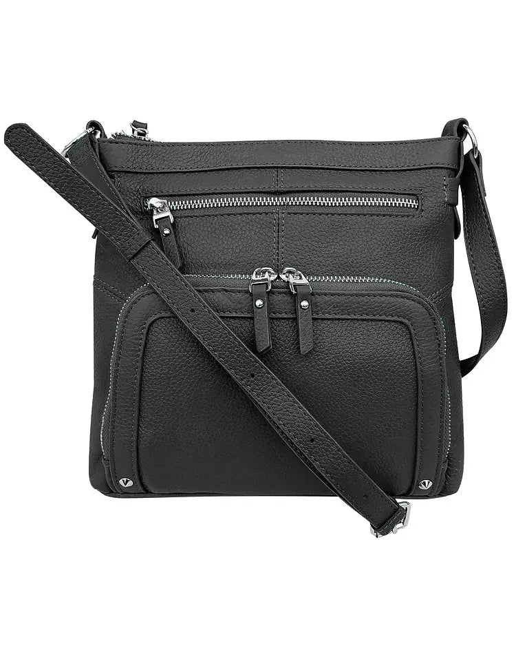 The Roma Leathers, Inc. 3018 Crossbody shoulder bag with organizer front features black cowhide leather, multiple zippered compartments, an adjustable strap, and a roomy main section for all your essentials.