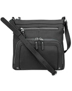 The Roma Leathers, Inc. 3018 Crossbody shoulder bag with organizer front features black cowhide leather, multiple zippered compartments, an adjustable strap, and a roomy main section for all your essentials.