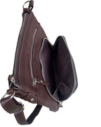 The Roma Leathers, Inc. 3018 Crossbody Shoulder Bag with Organizer Front features brown cowhide leather, silver zippers, a roomy main compartment, inner pockets, and adjustable straps, pictured on a white background.