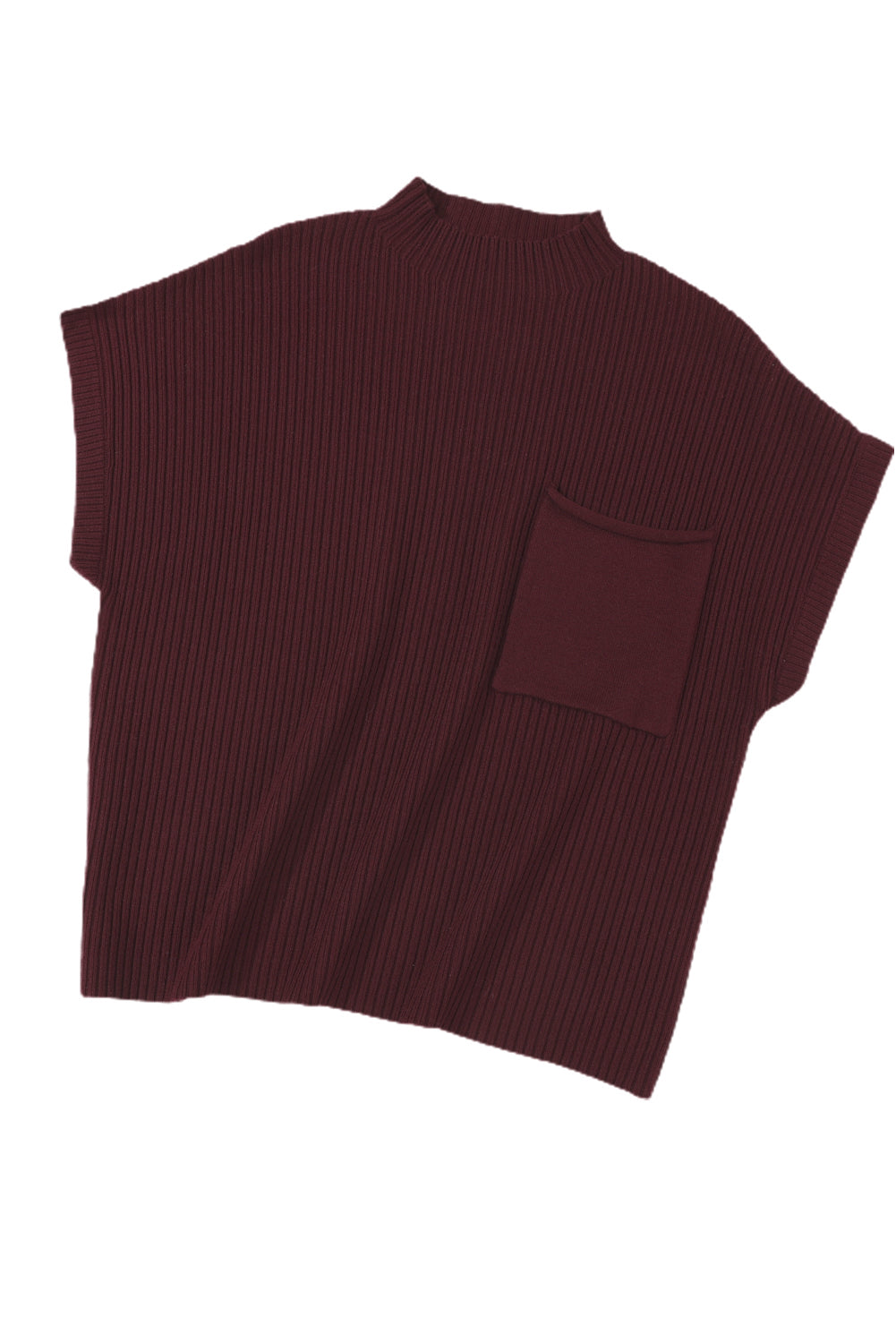 The Shewin Patch Pocket Ribbed Knit Short Sleeve Sweater, ideal for transitional weather with a maroon color, short sleeves, and a large front pocket, is displayed flat on a white background.