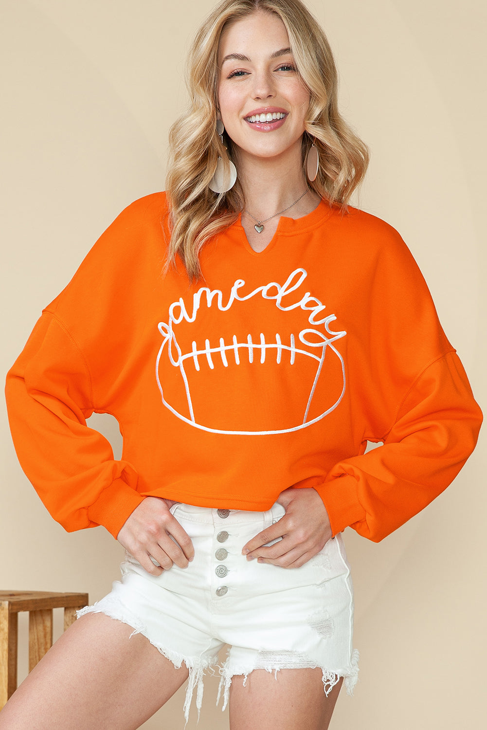 Orange Game Day Lettering Notched Neck Cropped Sweatshirt