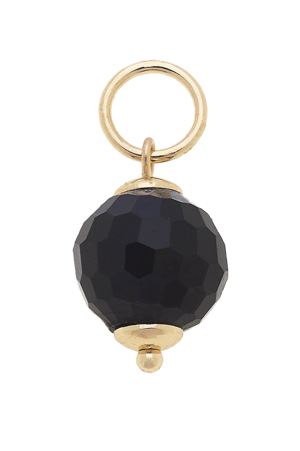 The Canvas Style Resin Bead Charm features a faceted black resin bead with gold-tone metal accents and a round loop at the top, making it perfect for adding sophisticated style to your favorite charm bracelet or necklace.