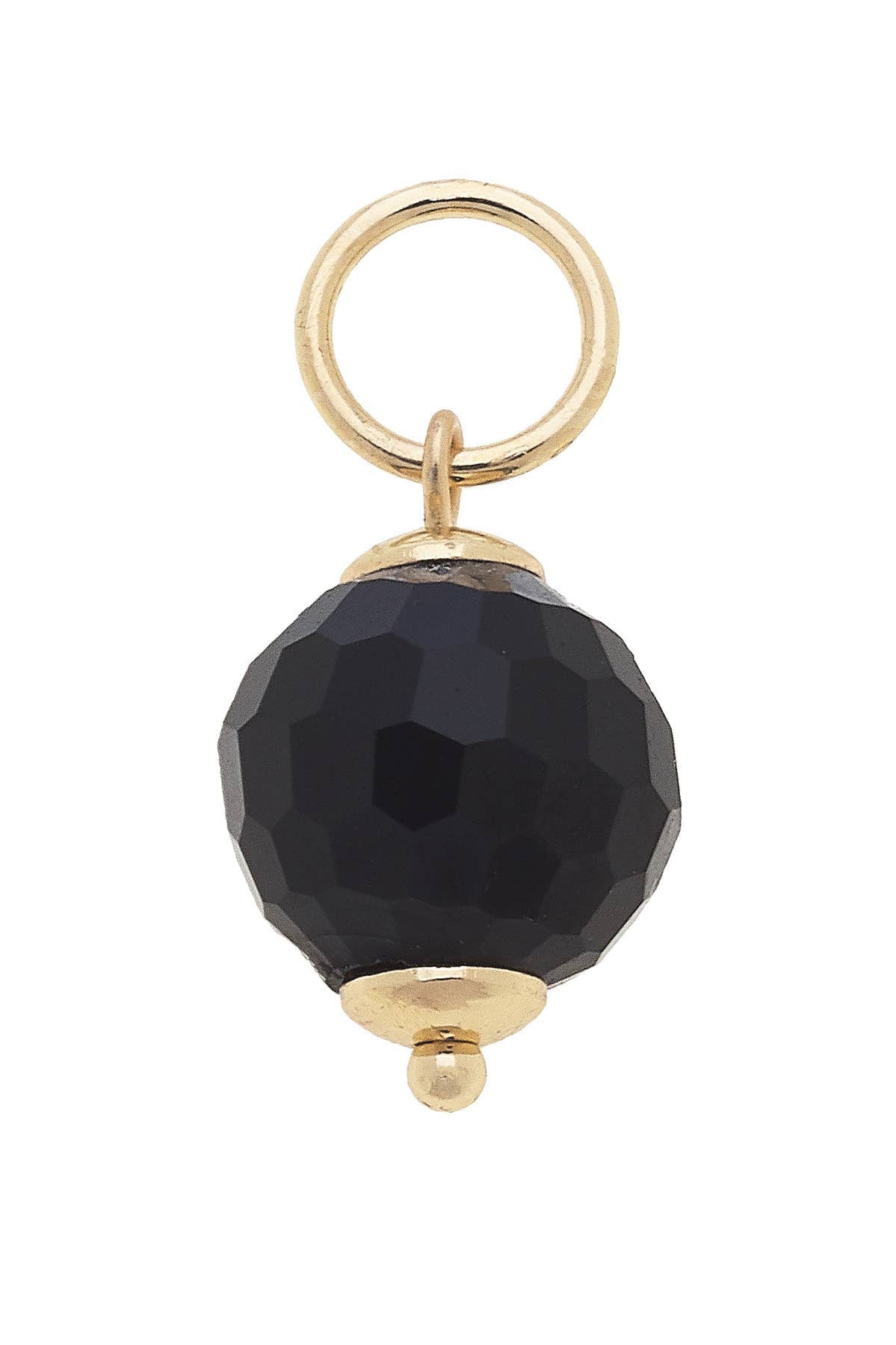 The Canvas Style Resin Bead Charm features a faceted black resin bead with gold-tone metal accents and a round loop at the top, making it perfect for adding sophisticated style to your favorite charm bracelet or necklace.