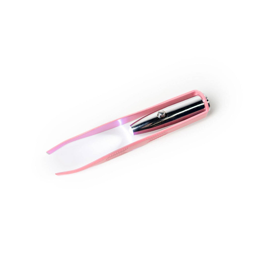 Light pink Lemon Lavender Light Up Tweezer with a chrome-colored handle and a built-in LED spotlight for a precision grip.
