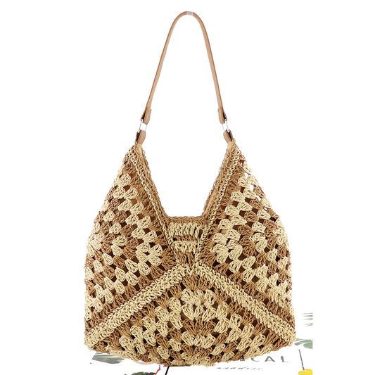 Handwoven Straw Crochet Handbag with leather handles by FASHION GO.