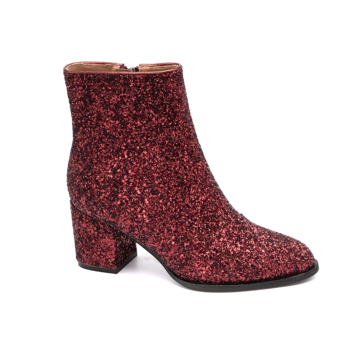 A single stunning, Razzle Dazzle Burgundy Glitter Boot by Corkys with a block heel, cushioned foot bed, and a side zipper.