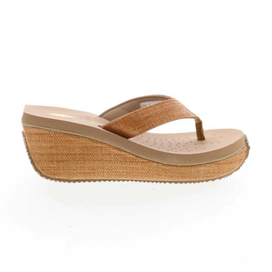 A single Bahama Flip Flop Thong Sandal in Tan by Volatile with a straw-like design on a white background.