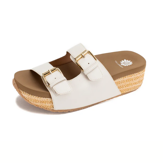 Yellow Box Bahia Platform Sandal in Ivory with dual buckles and a cork sole, isolated on a white background.