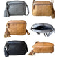 Six Roma Leathers, Inc. Cowhide Leather Crossbody bags in gray, tan, and black are shown from multiple angles, each featuring premium cowhide leather, a tassel zipper, and an adjustable shoulder strap for comfort.