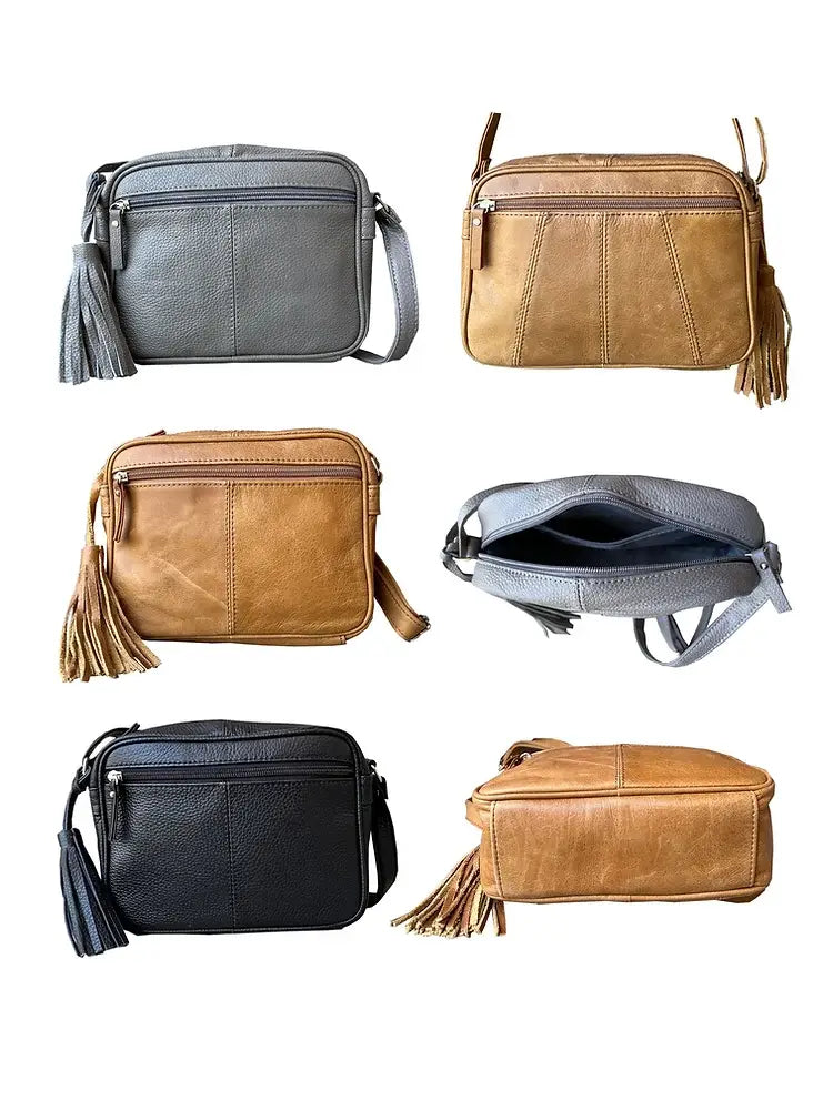 Six Roma Leathers, Inc. Cowhide Leather Crossbody bags in gray, tan, and black are shown from multiple angles, each featuring premium cowhide leather, a tassel zipper, and an adjustable shoulder strap for comfort.