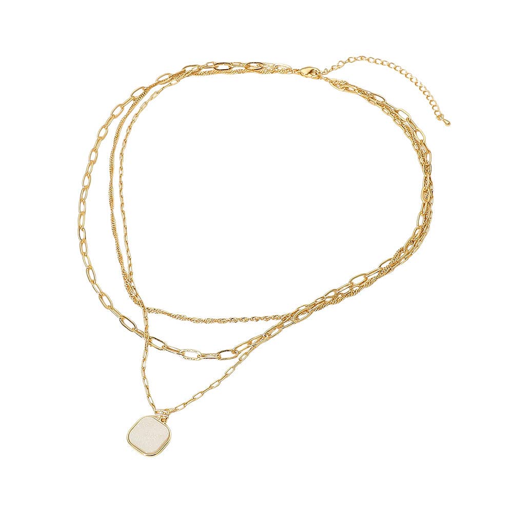 Sensibling Corp. 18K Gold Dipped Square Pendant Accent Mixed Paperclip Chain Layered Necklace featuring three distinct chain styles and a small square pendant on the shortest chain, with an adjustable extender for the perfect fit. Shown against a white background.