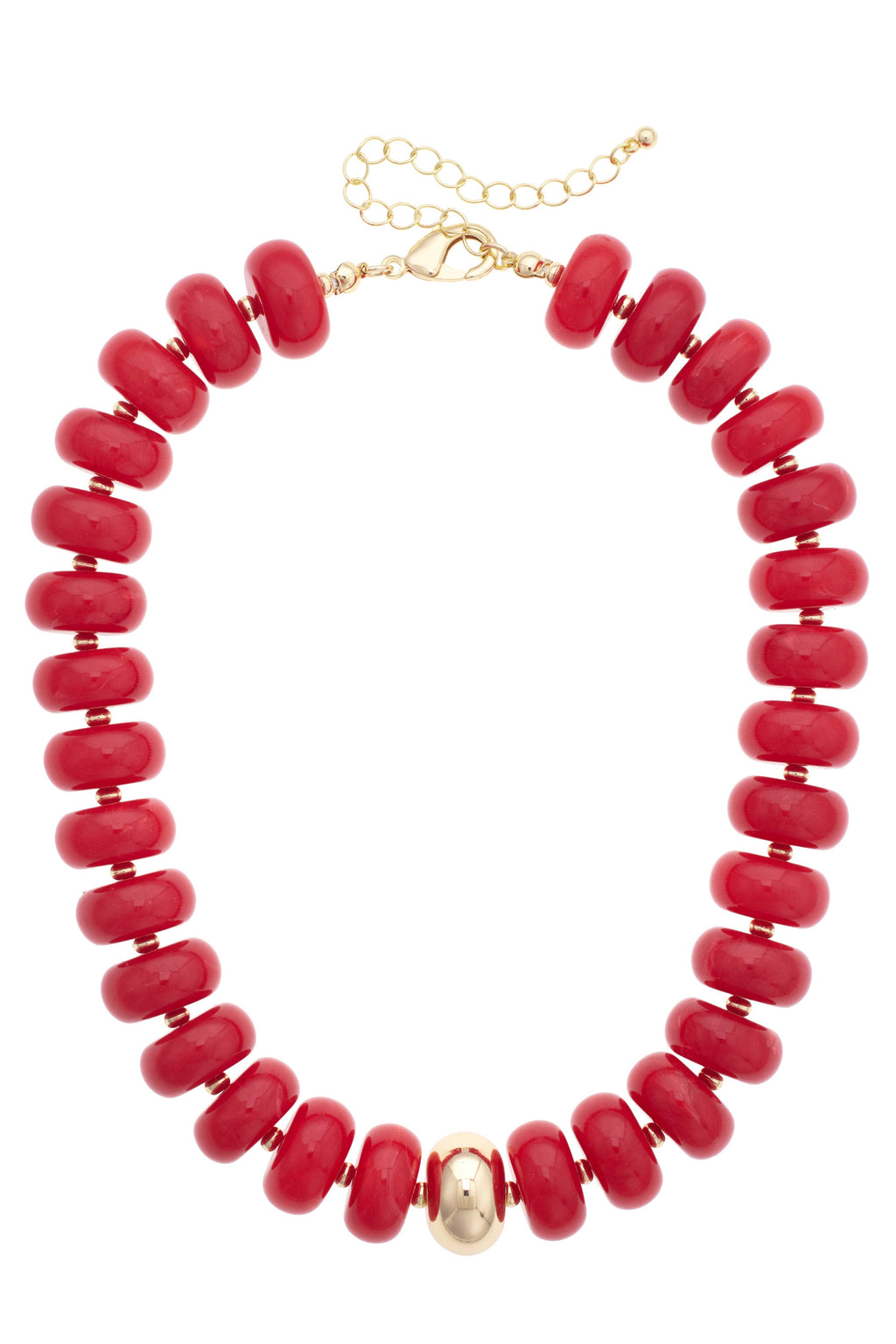 The San Sebastián Beaded Resin Necklace by Canvas Style features large round red resin beads, a single gold bead at the center, and an adjustable gold chain clasp. This bold statement piece effortlessly elevates any outfit.