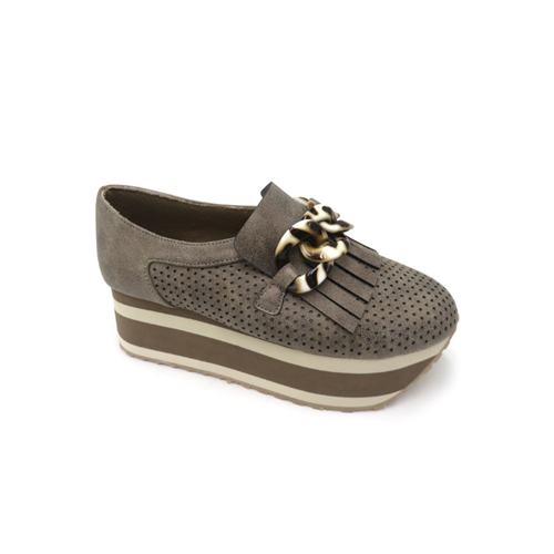 The Pierre Dumas Paloma Pewter by OLEM SHOE CORP is a single taupe platform loafer crafted in faux suede, featuring a perforated design, fringe detailing, and chain-like ornamentation on the upper part.