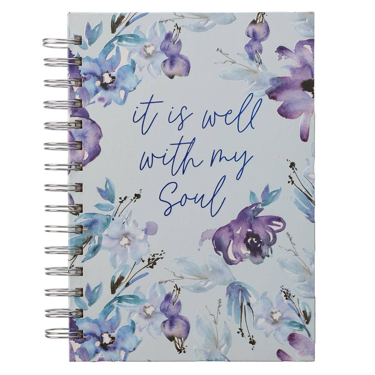 Introducing the Journal Wirebound It is Well with My Soul by Christian Art Gifts—a spiral-bound notebook featuring a beautiful floral cover design. The front displays the inspirational phrase "it is well with my soul" in elegant blue script. This lined journal blends inspiration and style, making it a perfect choice for daily reflections or note-taking. Main image