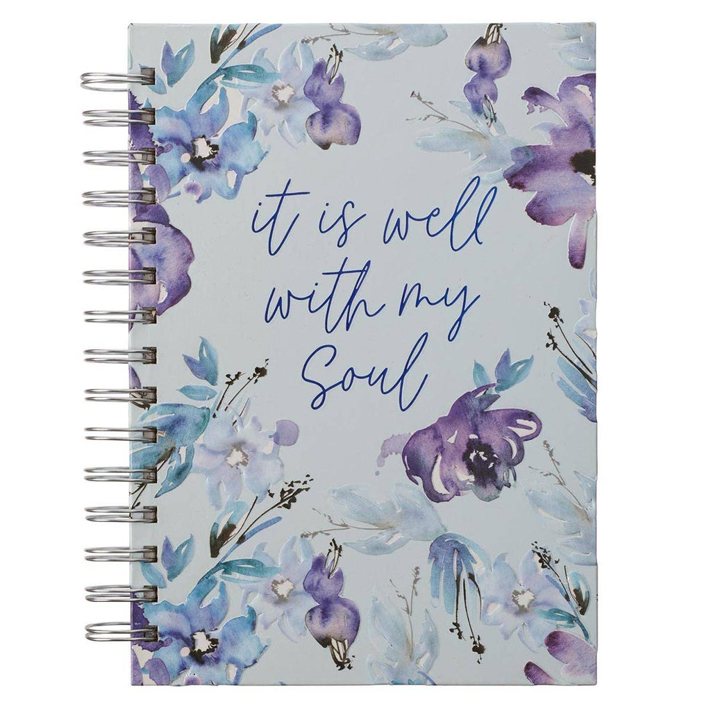 Introducing the Journal Wirebound It is Well with My Soul by Christian Art Gifts—a spiral-bound notebook featuring a beautiful floral cover design. The front displays the inspirational phrase "it is well with my soul" in elegant blue script. This lined journal blends inspiration and style, making it a perfect choice for daily reflections or note-taking.