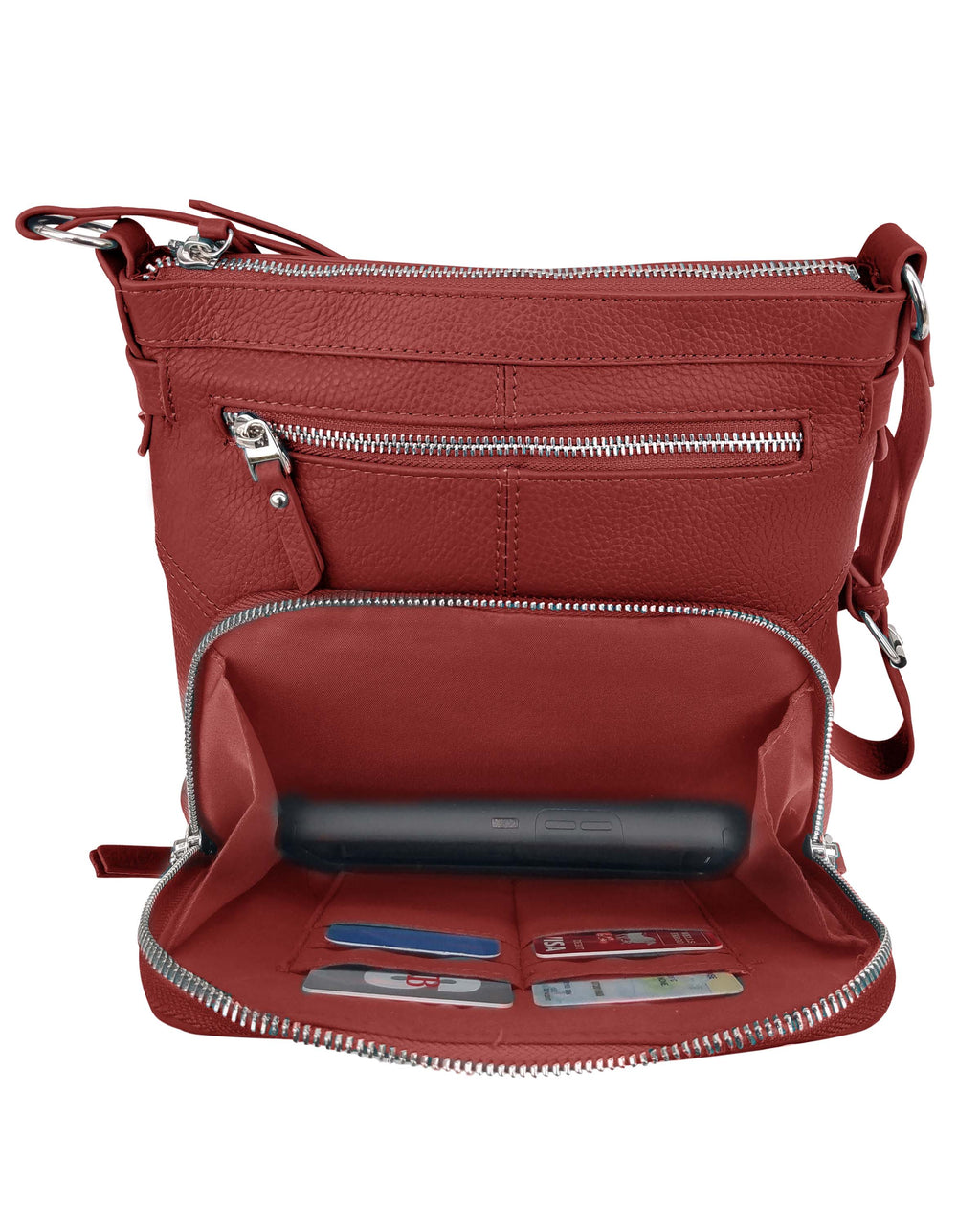 The Roma Leathers, Inc. 3018 Crossbody Shoulder Bag with Organizer Front boasts red cowhide leather, card slots, a compartment for your device, adjustable shoulder straps, and a roomy main section for essentials.