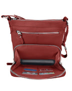 The Roma Leathers, Inc. 3018 Crossbody Shoulder Bag with Organizer Front boasts red cowhide leather, card slots, a compartment for your device, adjustable shoulder straps, and a roomy main section for essentials.
