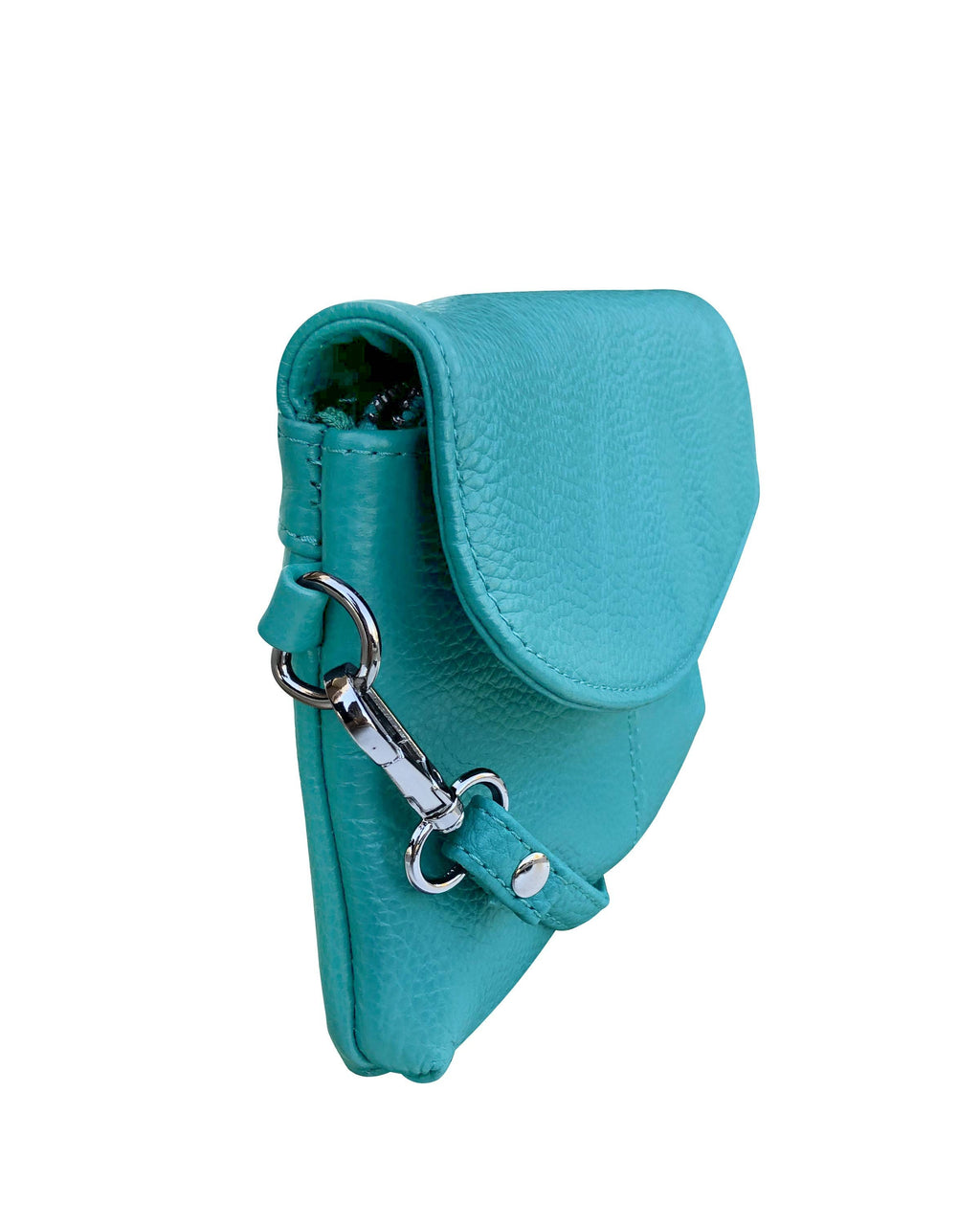 The Roma Leathers, Inc. Cowhide Leather Crossbody Clutch Bag is a small turquoise cowhide purse with a flap closure and a silver side clip.