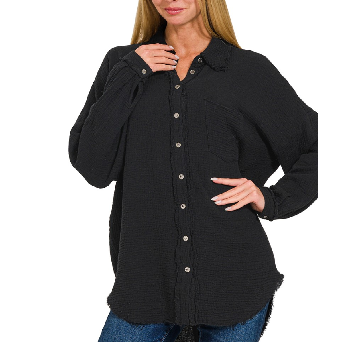 A woman wearing a black long sleeve Gauze Oversized Raw Edge Button Up Shirt made by FASHION GO.