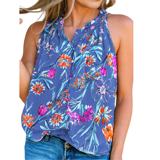 A person wearing a Shewin Boho Floral Print Sleeveless Top paired with jeans. Only the upper body is visible.