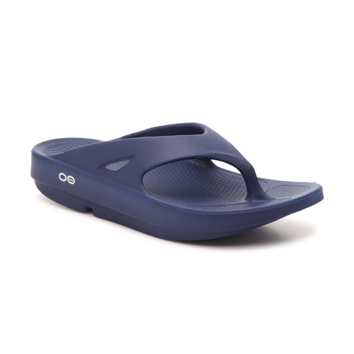 The Ooriginal Flip Flops in Navy by OOFOS LLC offer a thick sole and toe post, cushioned arch support, and innovative OOfoam technology for ultimate comfort. Main image