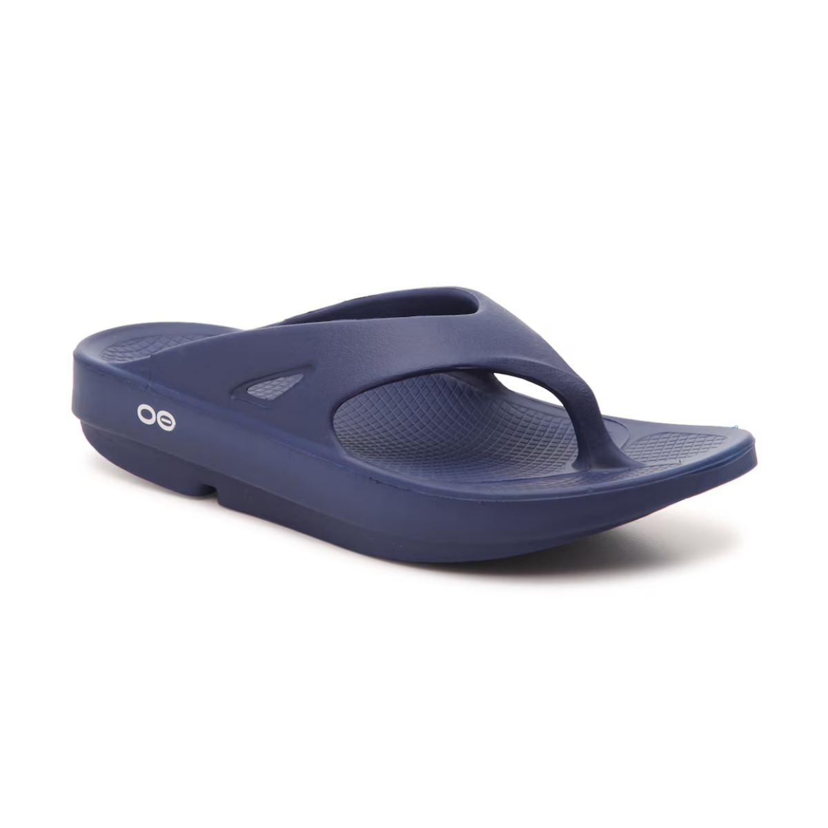 The Ooriginal Flip Flops in Navy by OOFOS LLC offer a thick sole and toe post, cushioned arch support, and innovative OOfoam technology for ultimate comfort.