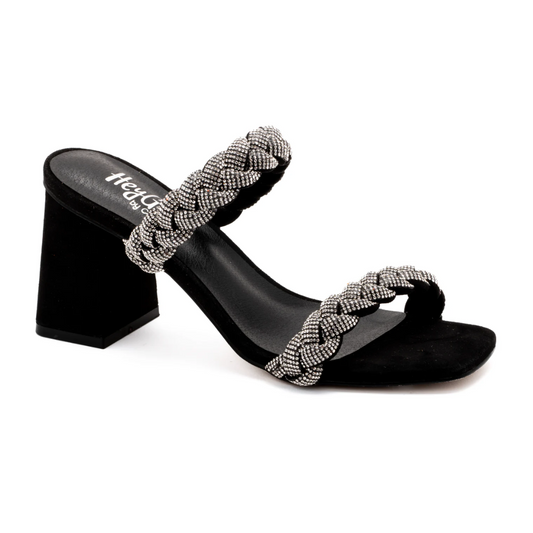 French Kiss Rhinestone Sandal Heel in Black by Corky's featuring two braided metallic straps and a block heel design, perfect for a stylish night out.
