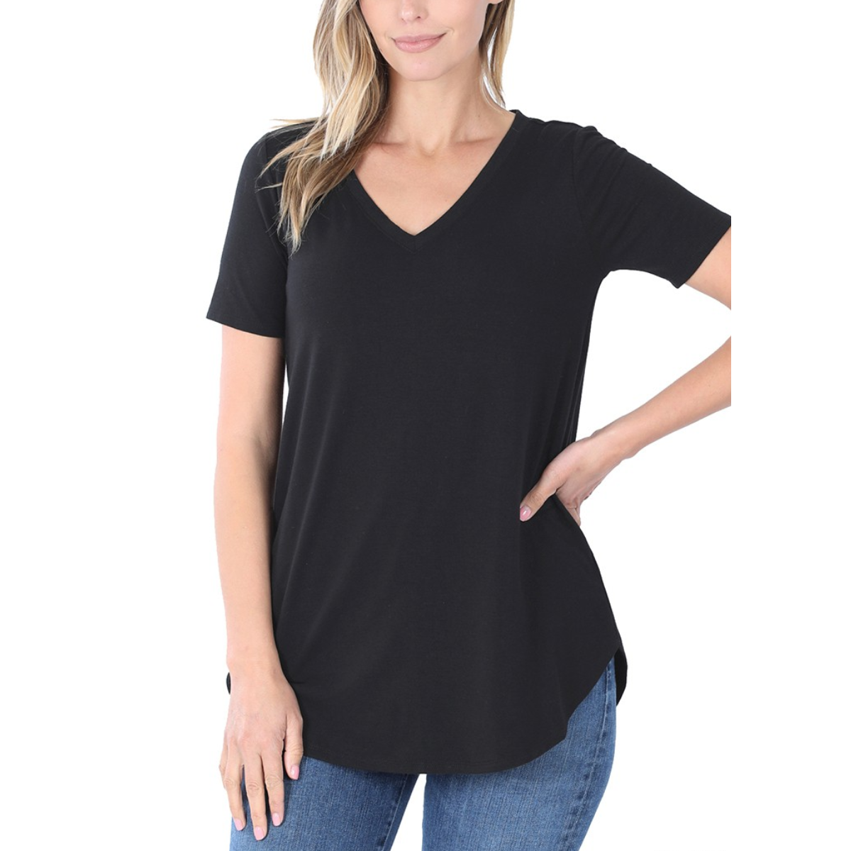A person wearing a black FASHION GO Short Sleeve V-Neck Round Hem T-Shirt and blue jeans stands with one hand on their hip against a plain white background. Main image
