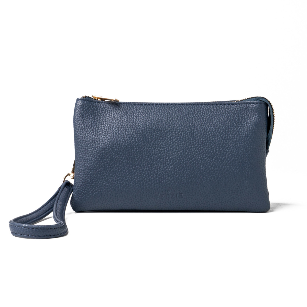A DM MERCHANDISING INC blue leather Convertible Crossbody Wallet clutch bag with a crossbody strap.