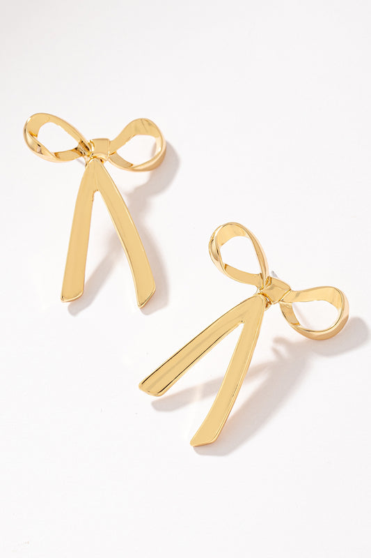Two gold FASHION GO bowtie earrings with dangling bottom on a white background.