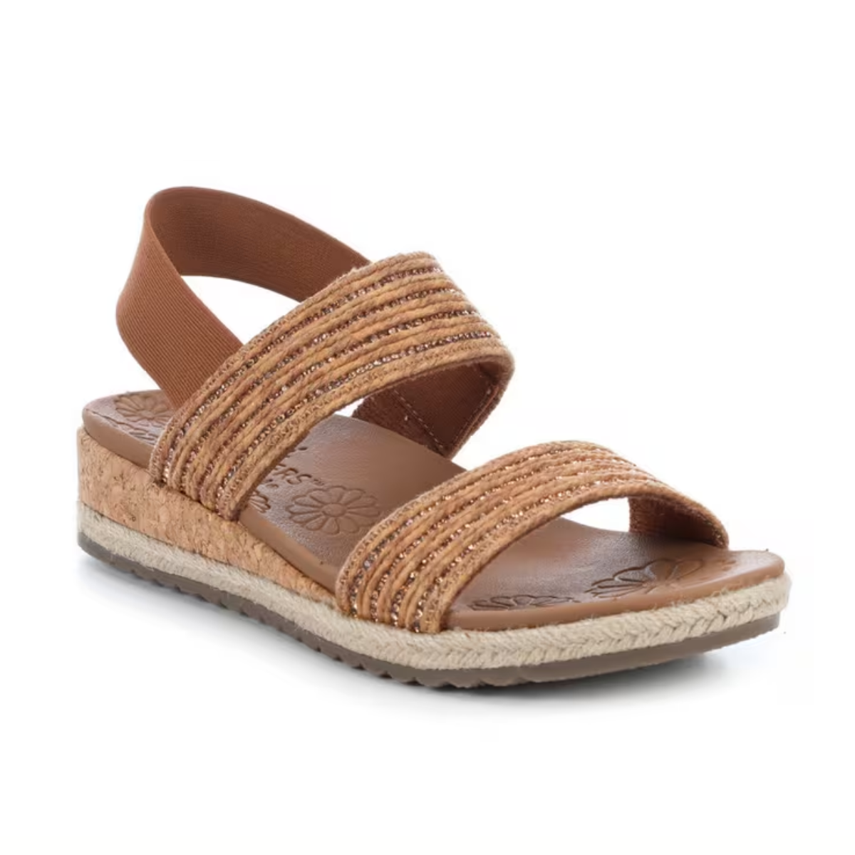 Brown strappy Breezie sandal by SKECHERS USA INC with Lux Foam footbed and decorative stitching.