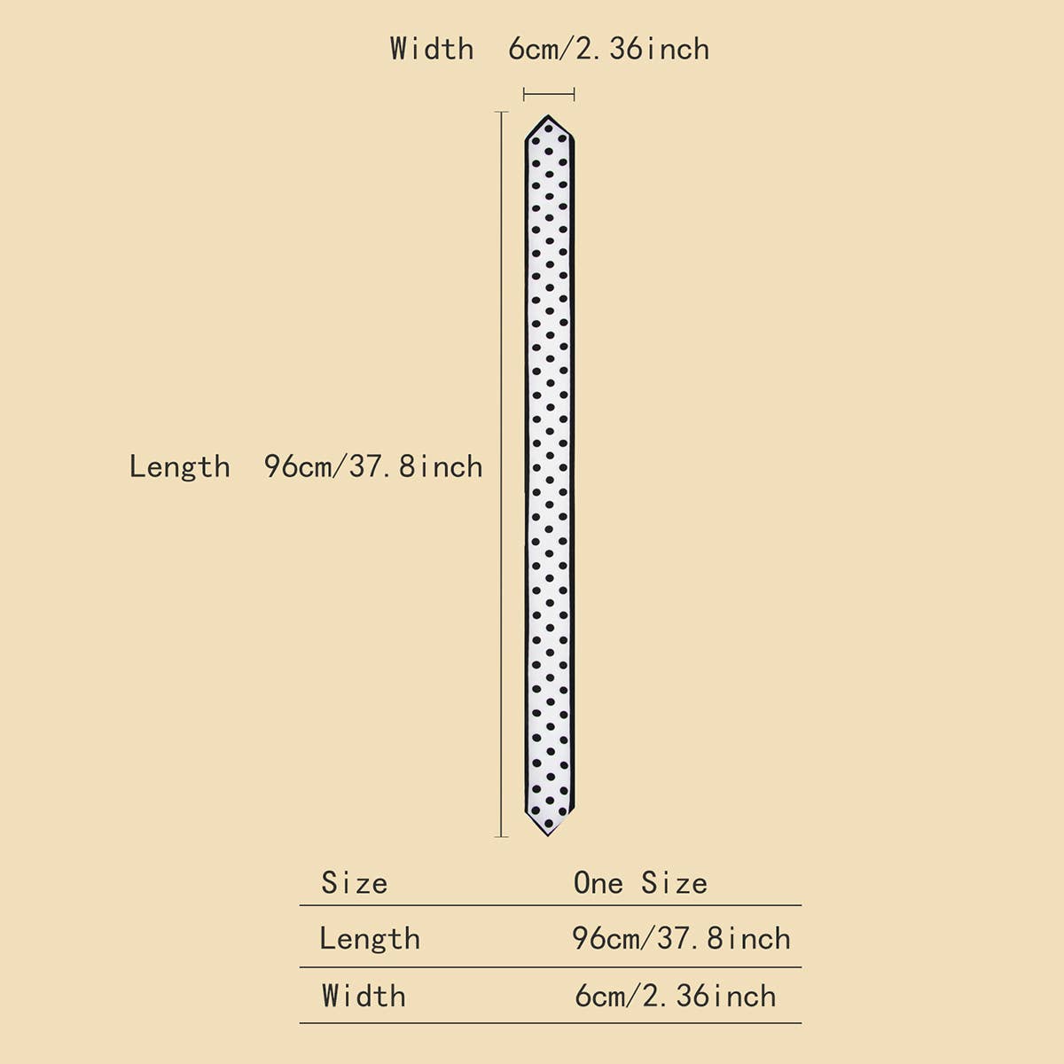 A rectangular ACCITY Skinny Floral Ribbon Scarf for Hair or Handbag_CWASC0067 in faux silk with polka dots measures 96cm x 6cm (37.8" x 2.36"). One Size. Ideal as a floral accessory for hair or handbags.