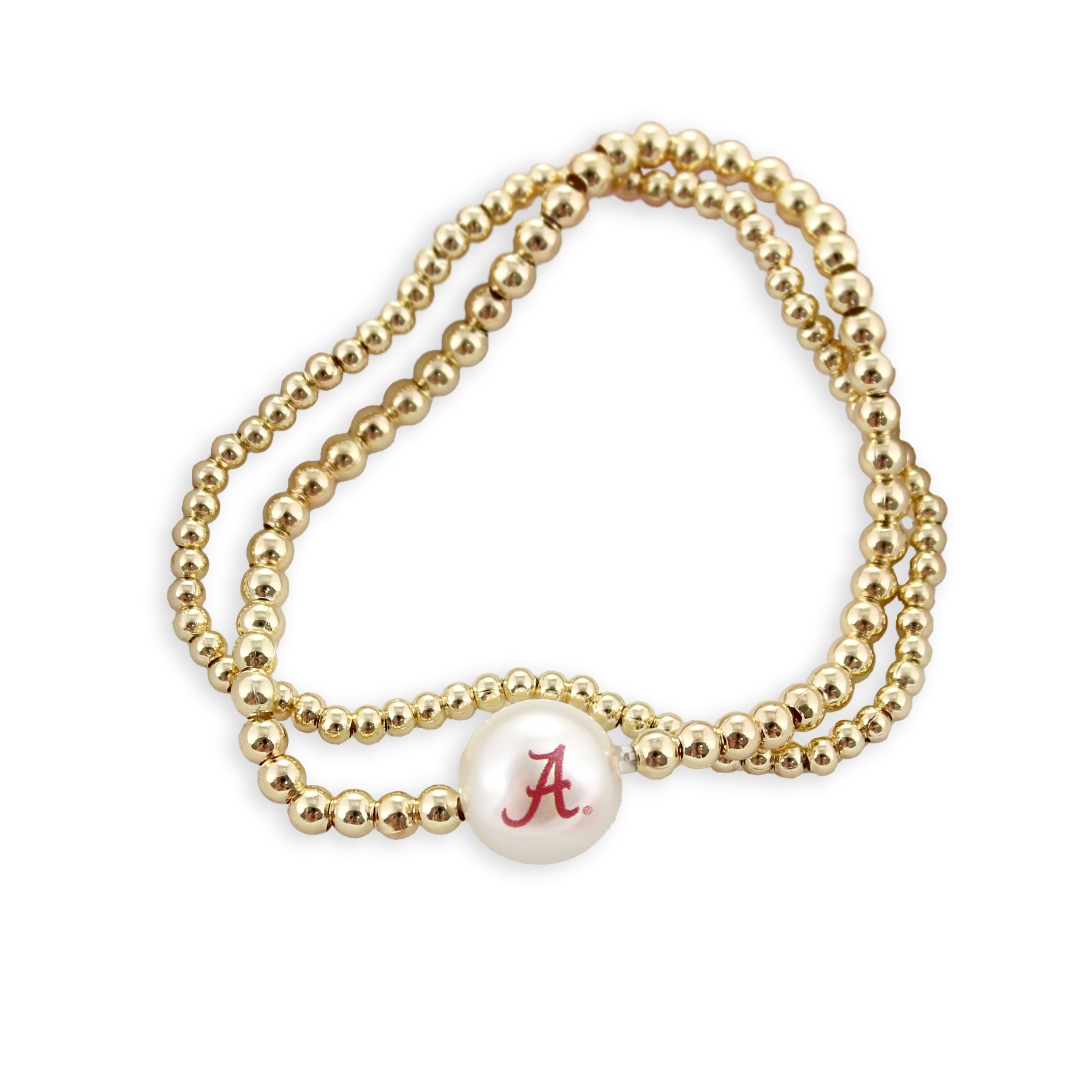 Seasons Jewelry’s Alabama Gold & Pearl Logo Stretch Bracelet Set is displayed on a white background—a subtle yet stylish accessory featuring gold beading and a single white bead with a red “A,” perfect for any University of Alabama fan.