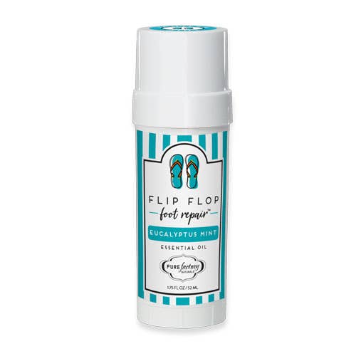 The 1.75oz Flip Flop Essential Oils Foot Repair by PUREfactory Naturals features a cylindrical tube with a white and teal flip-flop design, infused with eucalyptus mint essential oil and natural antibacterial properties, ideal for rejuvenating tired feet.