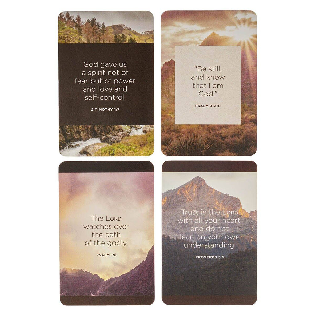 Experience the Box of Blessings Brown Faith Mountains Matt. 17:20 by Christian Art Gifts, featuring four cards with inspiring Bible verses set against stunning mountain landscapes; each card presents a unique scripture in a prominently centered font, offering thoughtful Scriptural blessings to encourage and strengthen your faith.