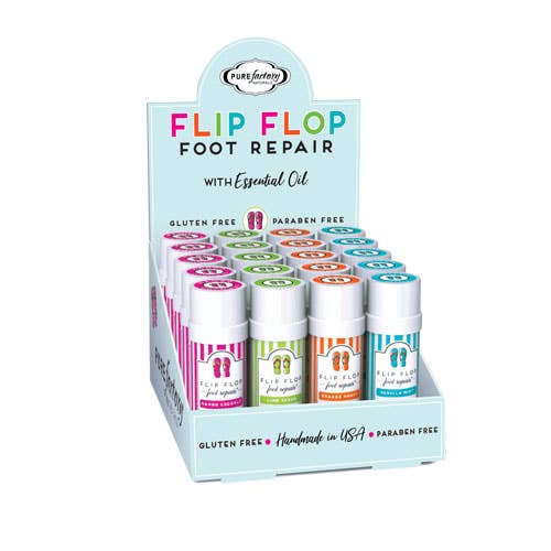 Showcase of Flip Flop Essential Oils Foot Repair (1.75oz) by PUREfactory Naturals features essential oils and natural antibacterial benefits. Packaging highlights gluten-free, paraben-free, handmade in USA qualities in colorful options, emphasizing its nourishing effects. Main image