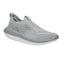 The Oofos Glide Grey Sneaker by oofos features a breathable knit mesh upper in light gray, suede accents, two small round side buttons, and a thick white sole.